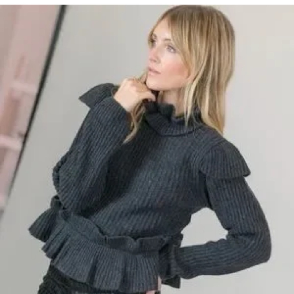 Ganni Phantom Charcoal‎ romantic Gray Ruffle Open Back Wool Sweater S